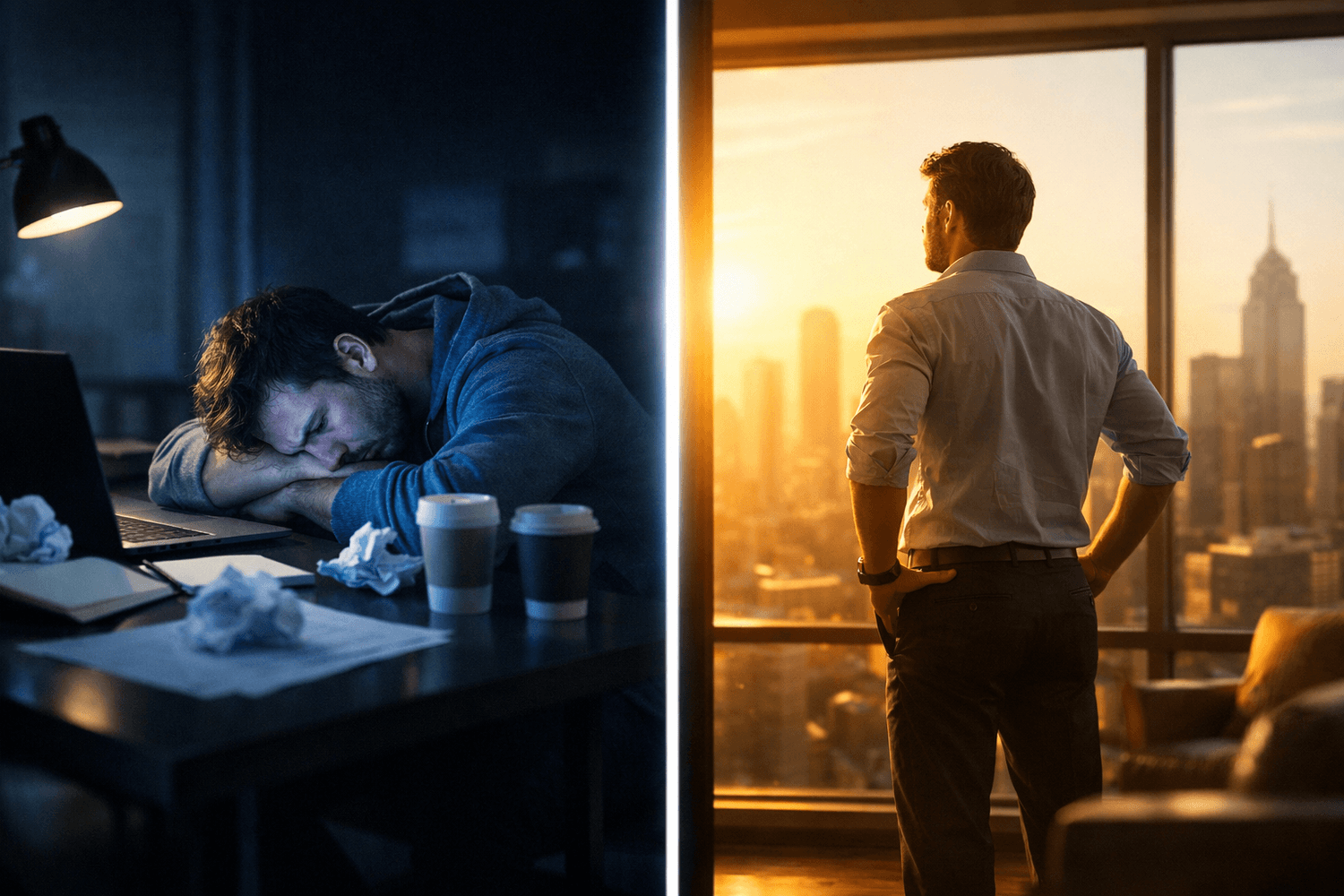 Founder transformation from late-night burnout to composed morning clarity, split composition