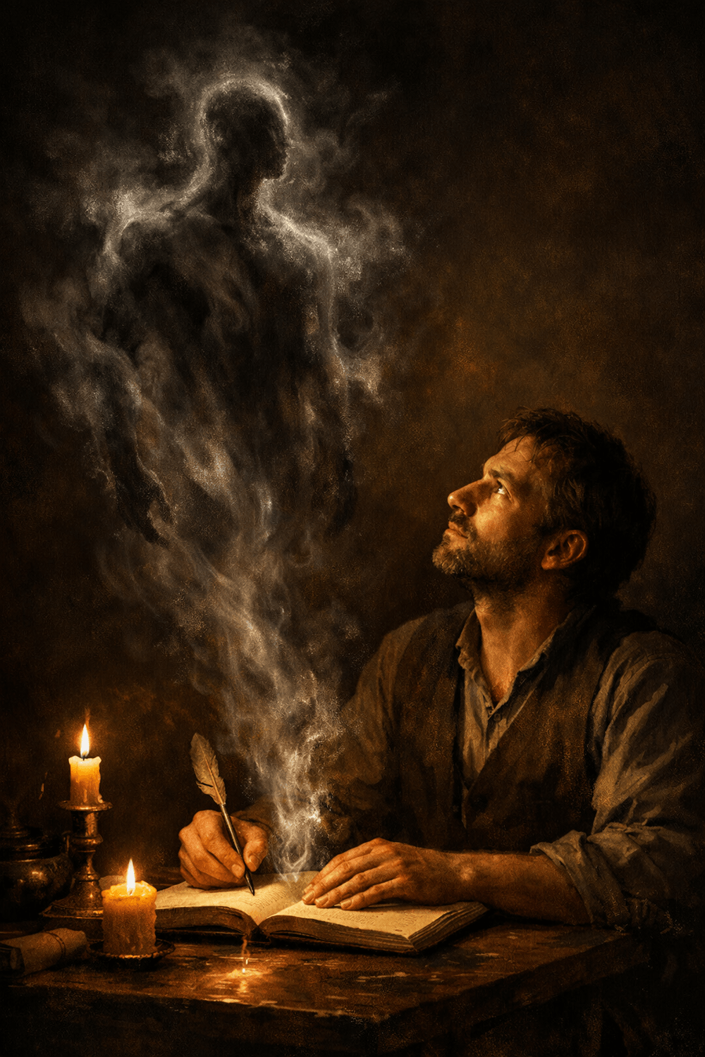 Entrepreneur journaling while confronting invisible behavioral pattern dissolving in candlelight