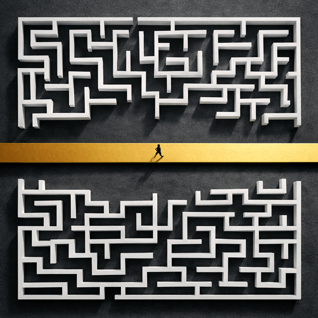 Golden path cutting through complex maze representing environmental design breaking repetitive loops