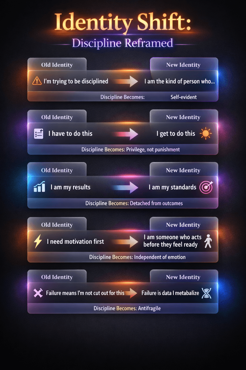 Comparison table showing 5 entrepreneur identity shifts: from 'I'm trying to be disciplined' to 'I am the kind of person who,' from 'I have to' to 'I get to,' from 'I am my results' to 'I am my standards,' from 'I need motivation first' to 'I act before I feel ready,' and from 'failure means I'm not cut out for this' to 'failure is data I metabolize.
