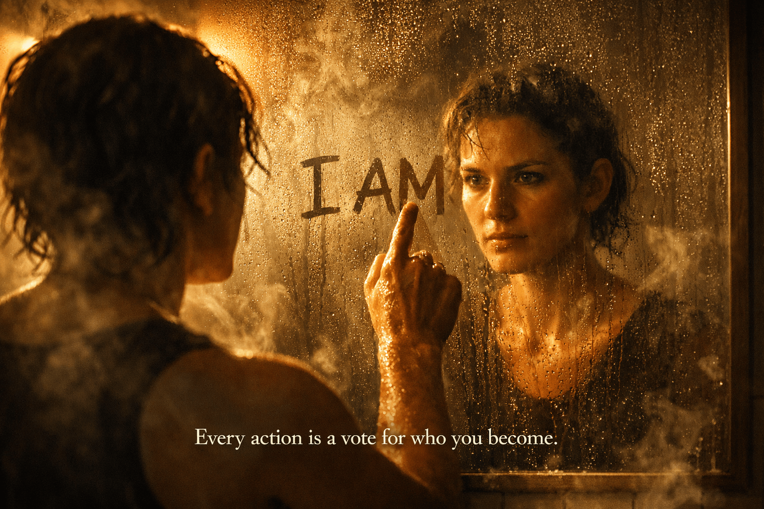 Person writing 'I AM' on a fogged mirror, illustrating identity-based habits for self-discipline