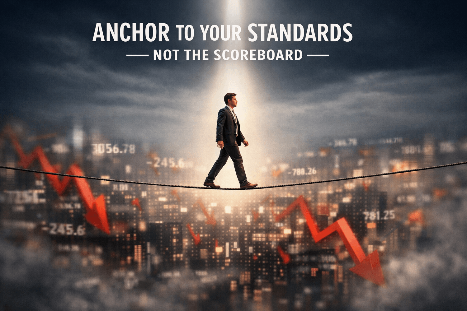 Calm founder walking a tightrope above a crashing market, anchoring self-worth to standards not results