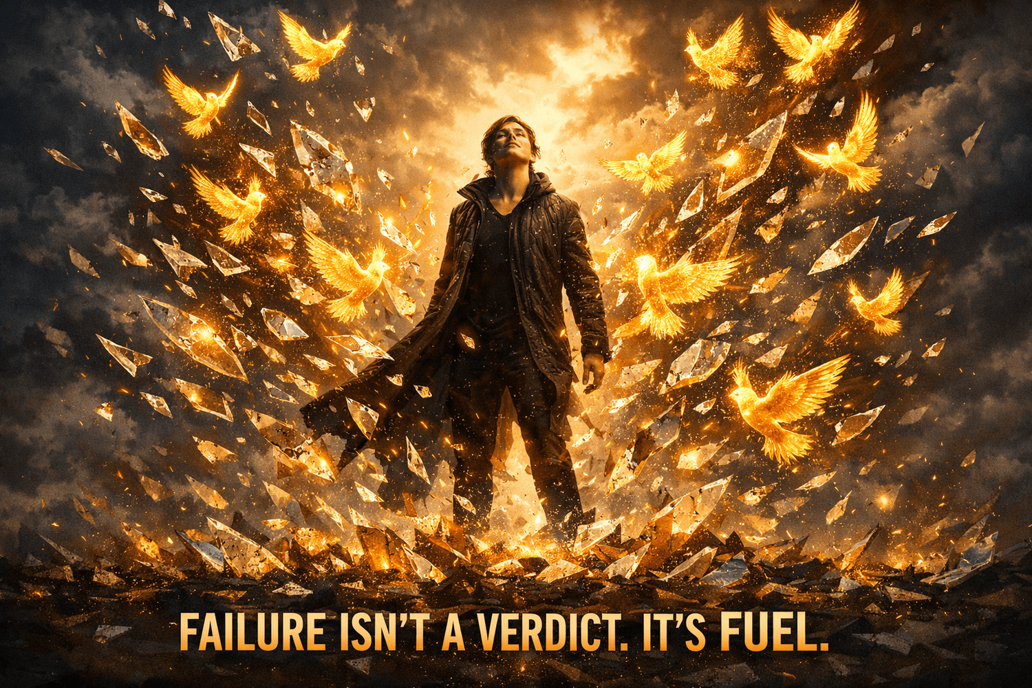 Person amid breaking glass transforming into golden birds, symbolizing an antifragile failure-into-fuel mindset