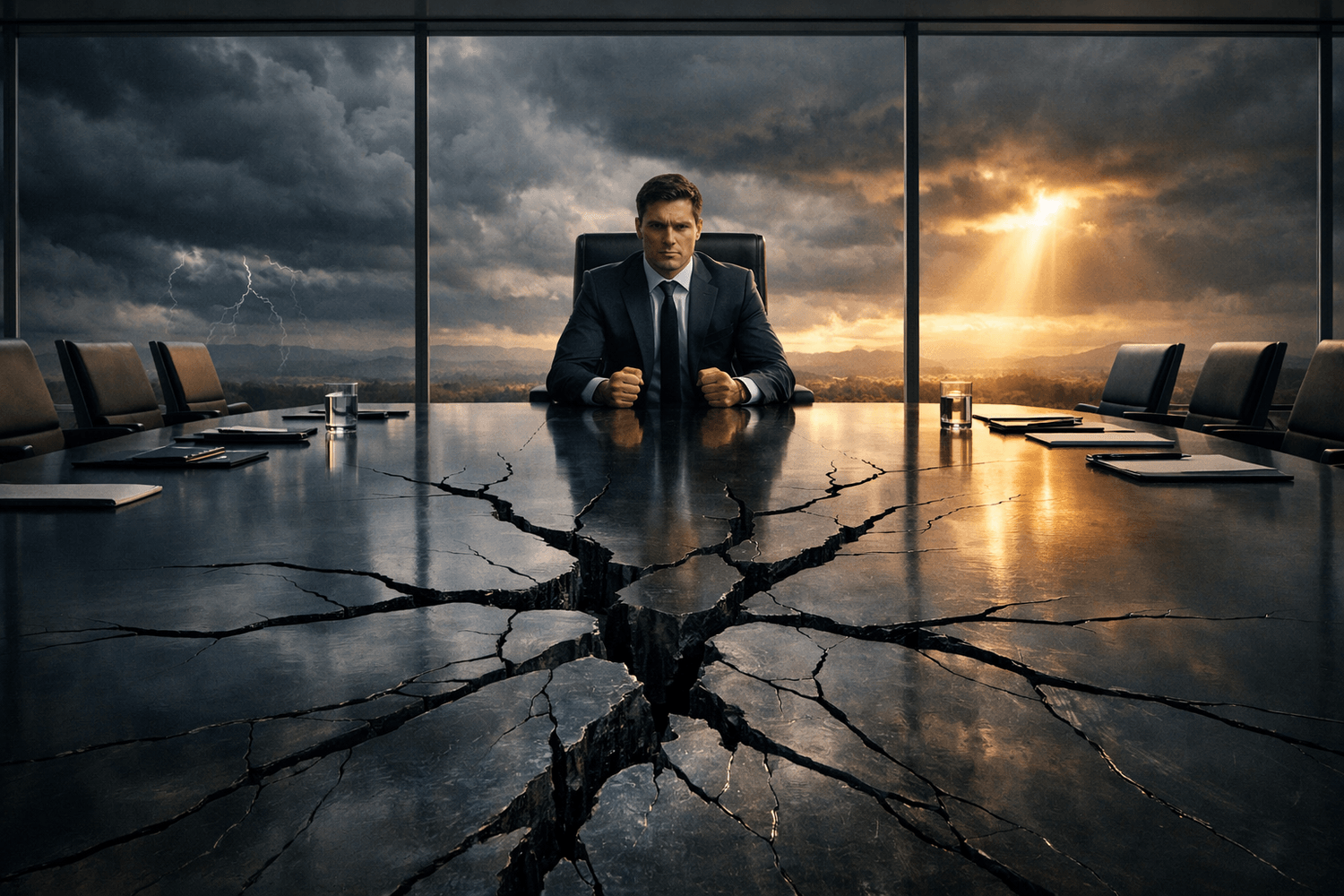 Founder at boardroom table as cracks spread below, showing self-doubt during business growth