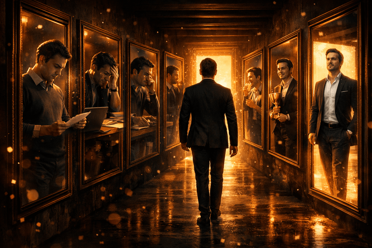 Founder walking through mirrors of different imposter types toward light and self-trust