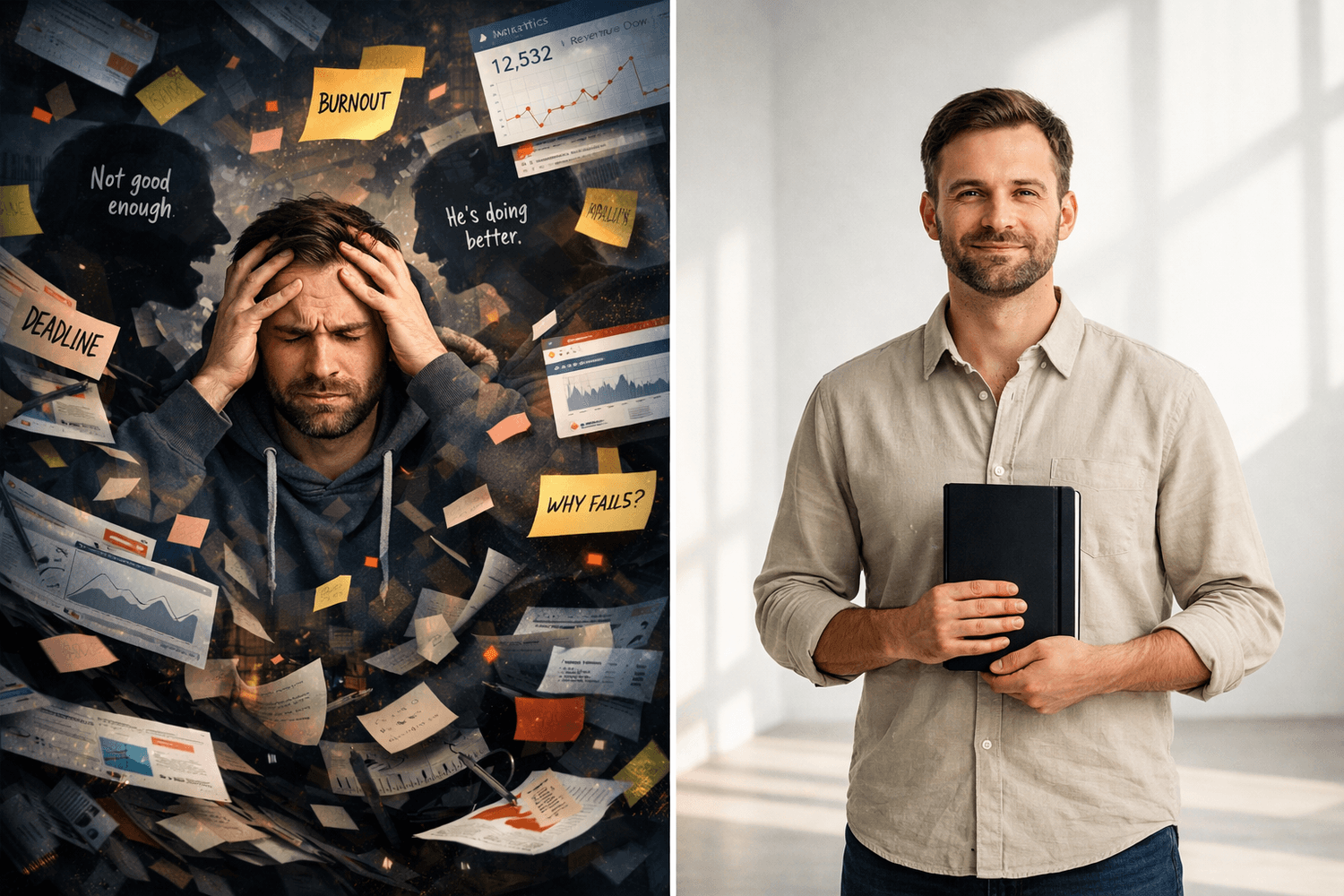 Split scene of overwhelmed founder and calm leader after mindset shifts