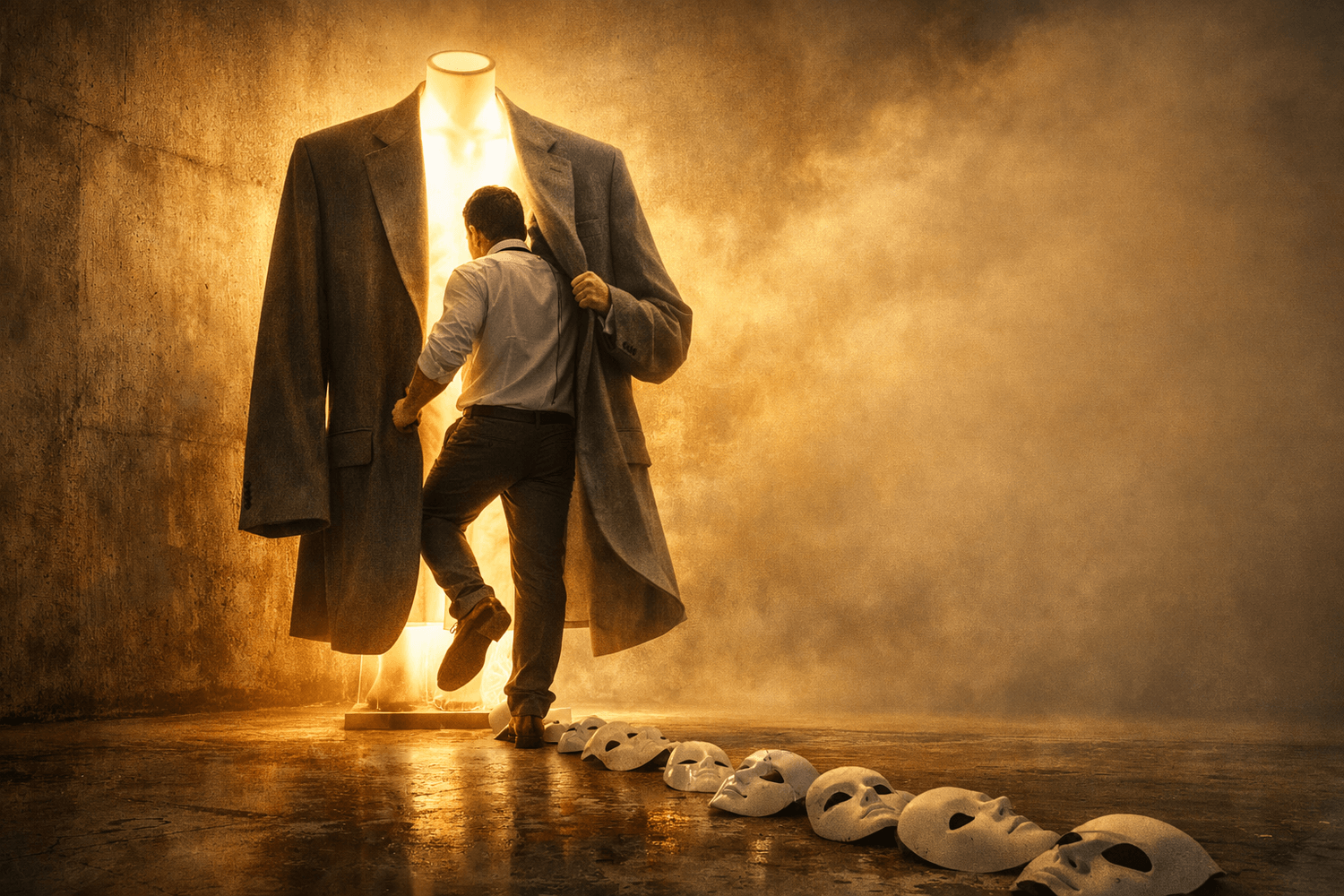 Founder stepping into a blazer of light, representing confidence replacing imposter syndrome