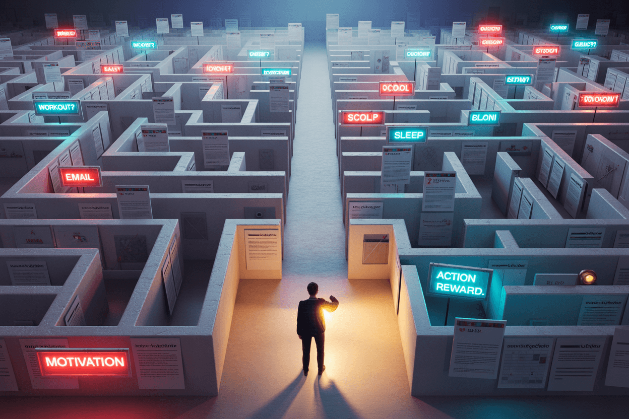 Person facing a maze of calendars and notifications showing decision fatigue and how to stay consistent with habits