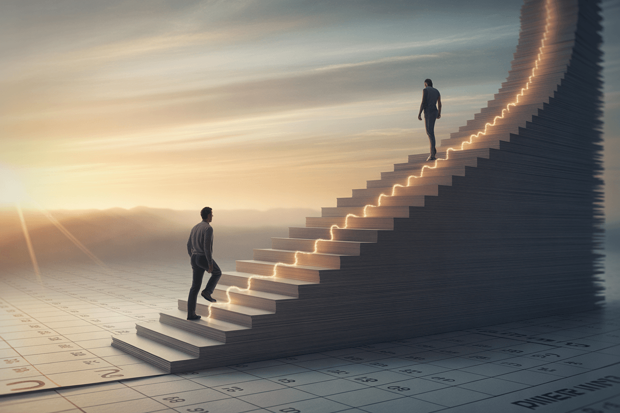 Small figure stepping onto calendar staircase with glowing thread, symbolizing minimum viable habit and consistency