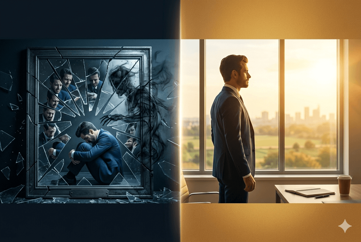 Split image contrasting a cracked dark mirror with a clear sunlit window, representing shame versus guilt in entrepreneurs