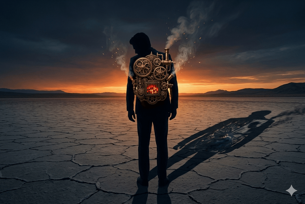 Surreal overheating brass engine inside a tired founder's silhouette in the desert, symbolizing entrepreneur burnout