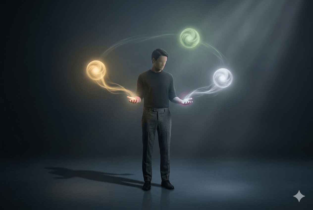 Founder standing among three glowing orbs of gold, silver, and green light representing autonomy, competence, connection