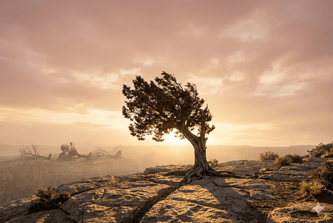 A weathered tree standing firm on a cliff at sunset, symbolizing resilient long-term entrepreneur motivation