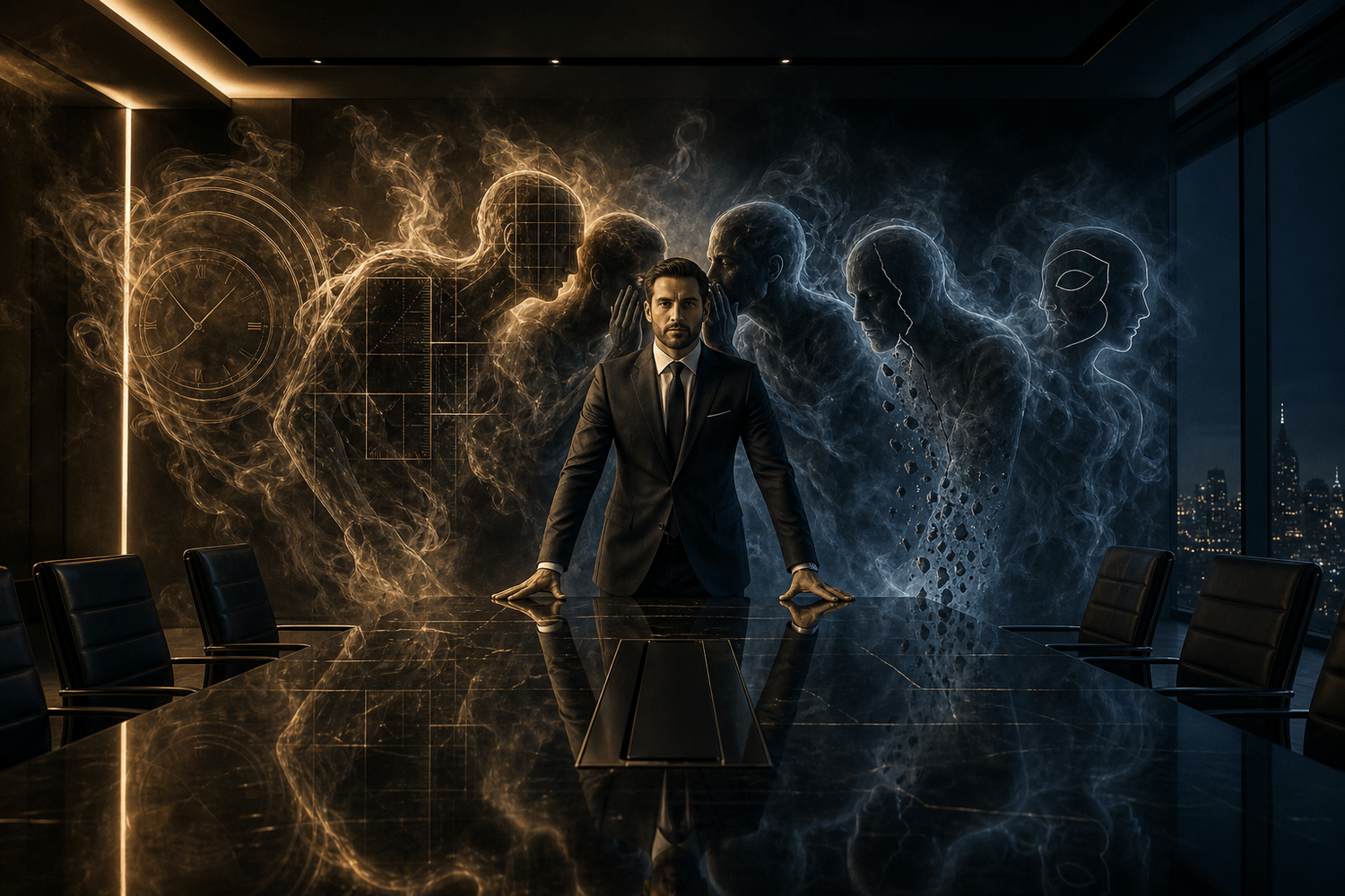 Entrepreneur in a dark boardroom surrounded by shadow figures symbolizing pressure and inner critic patterns