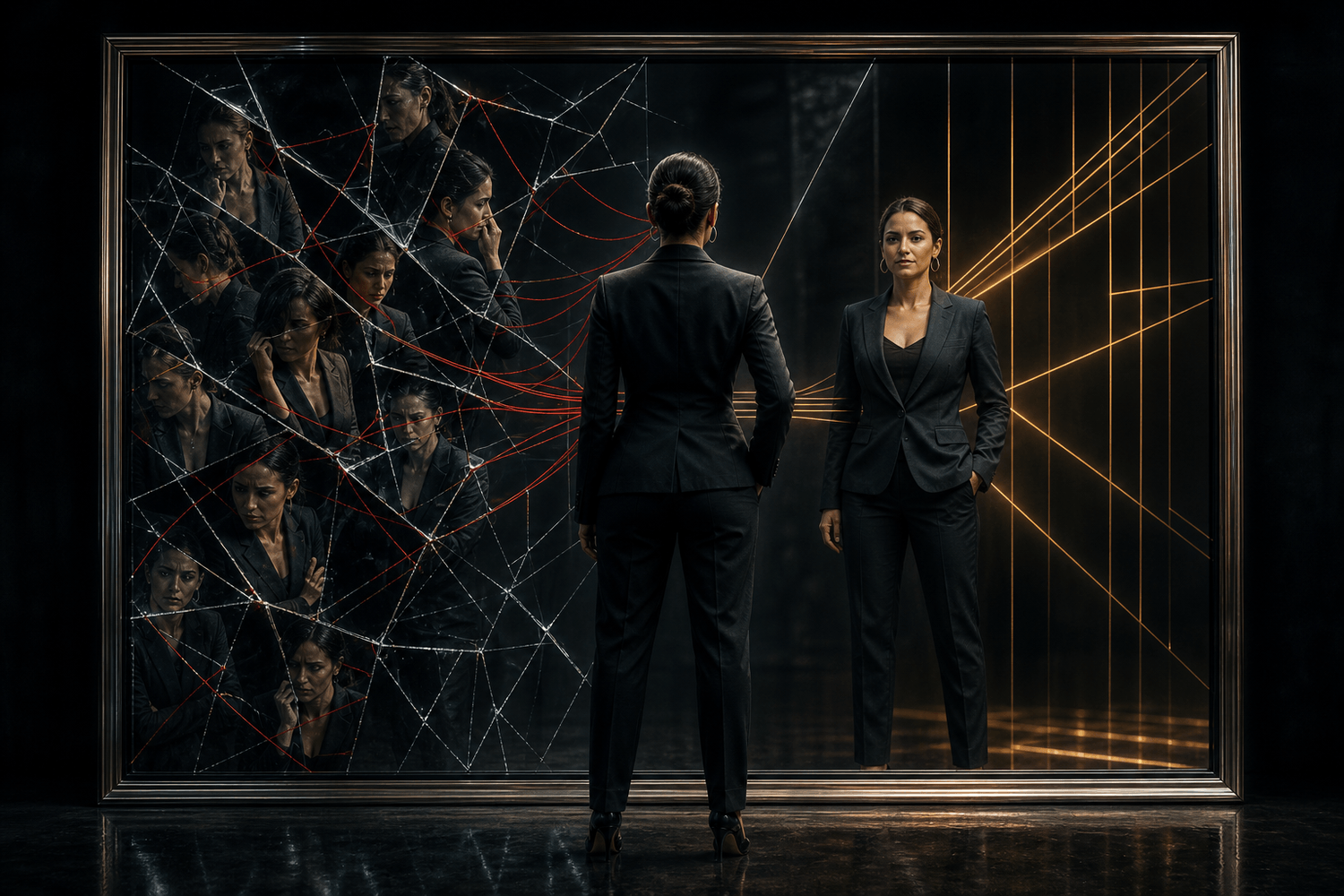 Woman facing a cracked mirror as fragmented and calm reflections show the shift from self-attack to clarity