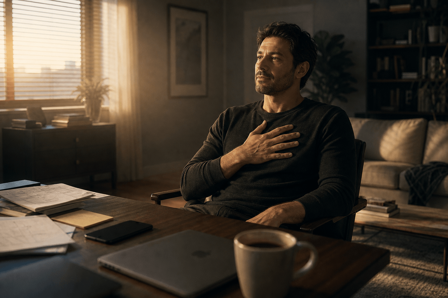 Founder breathing at dawn in a quiet room, showing how to stop negative self-talk before the spiral