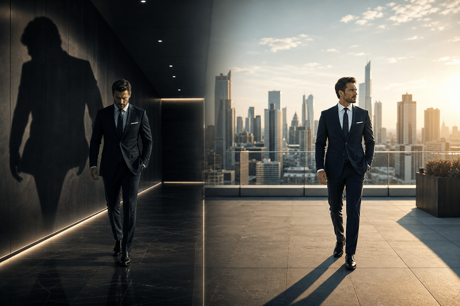 Leader moves from a dark corridor into rooftop light, symbolizing freedom from negative self-talk