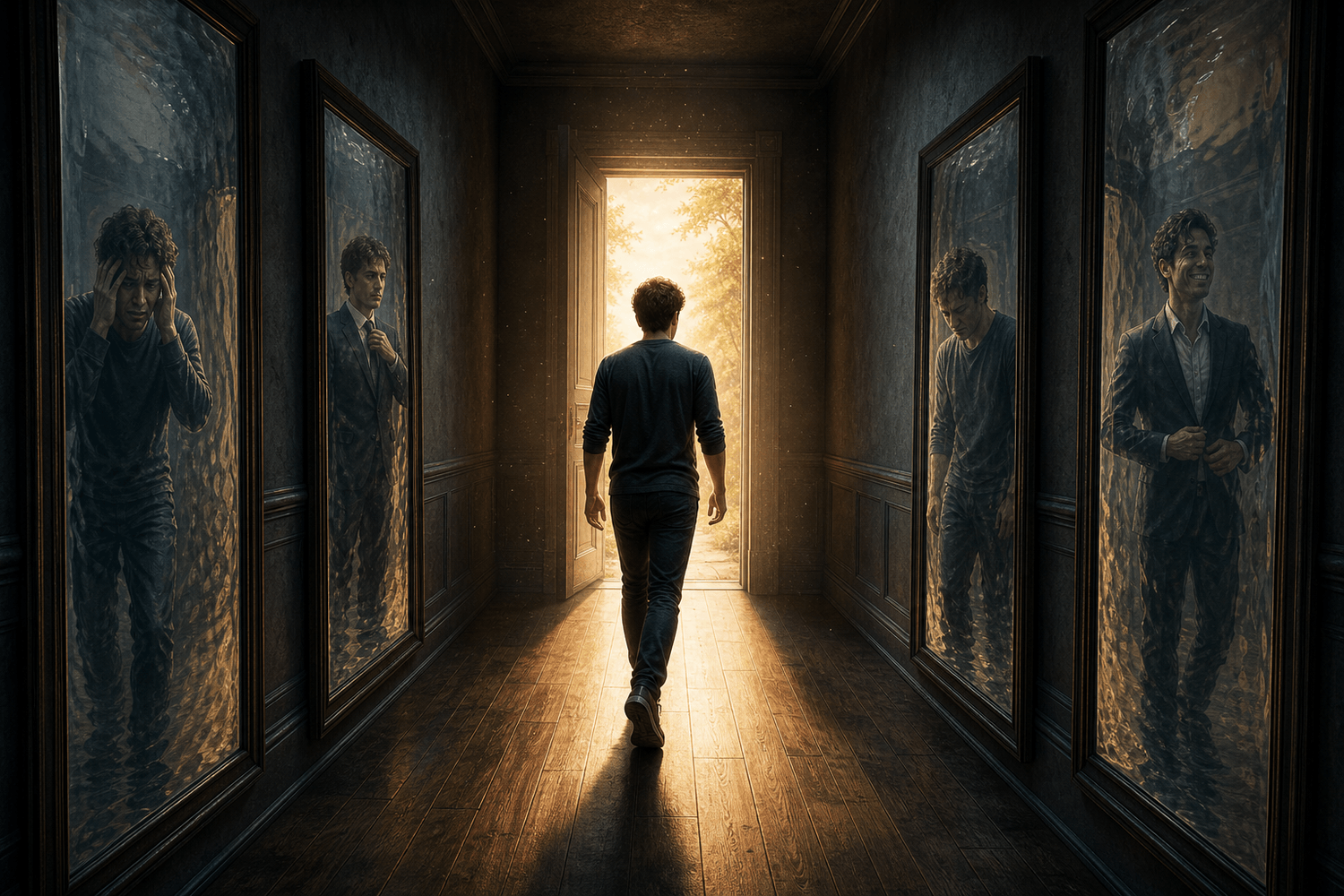 Person steps away from distorted mirror selves into daylight, a visual for stopping comparison and choosing your own standard