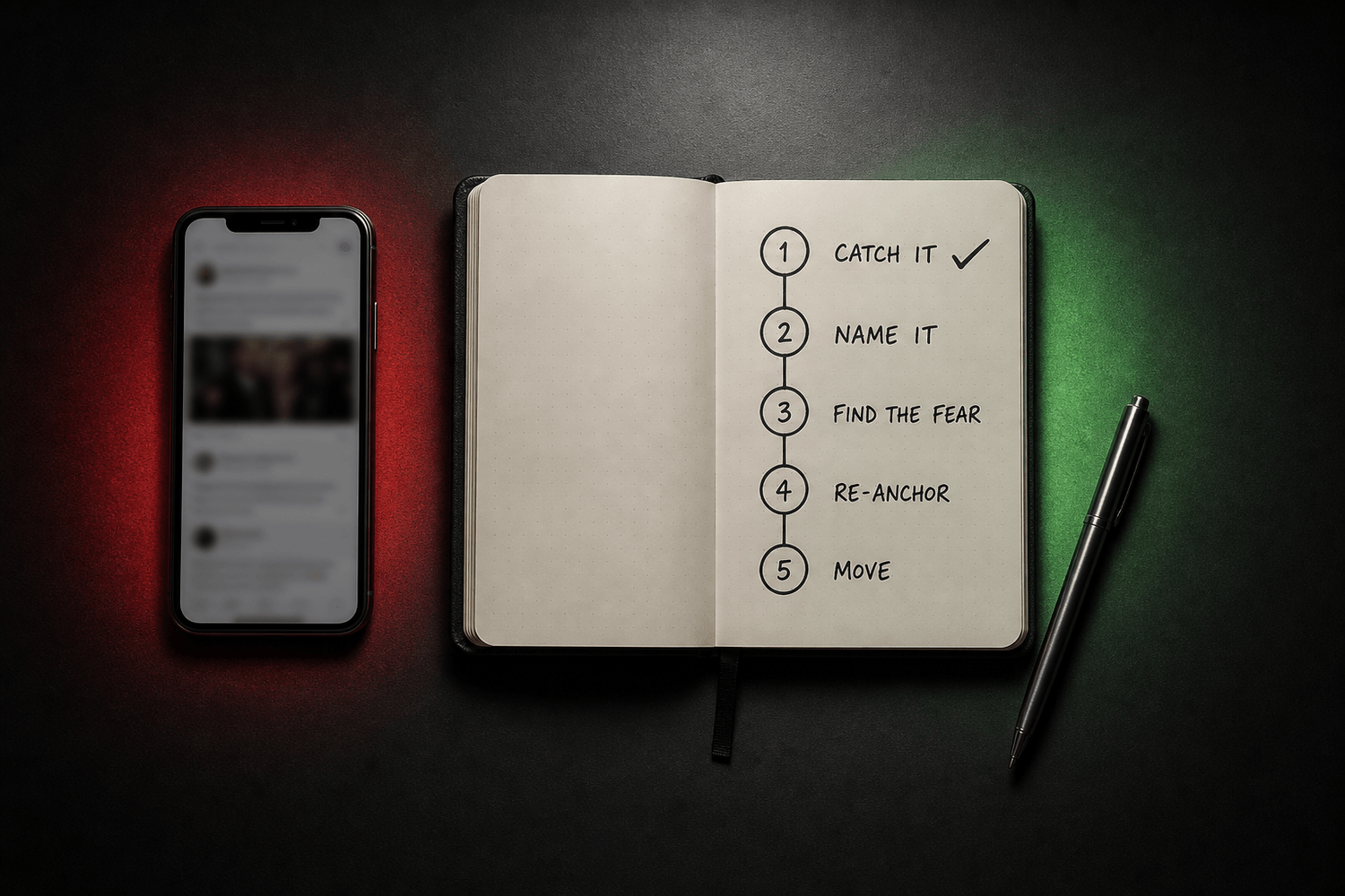 Desk with phone and five-step reset notes to stop comparing yourself to others: catch, name, fear, re-anchor, move