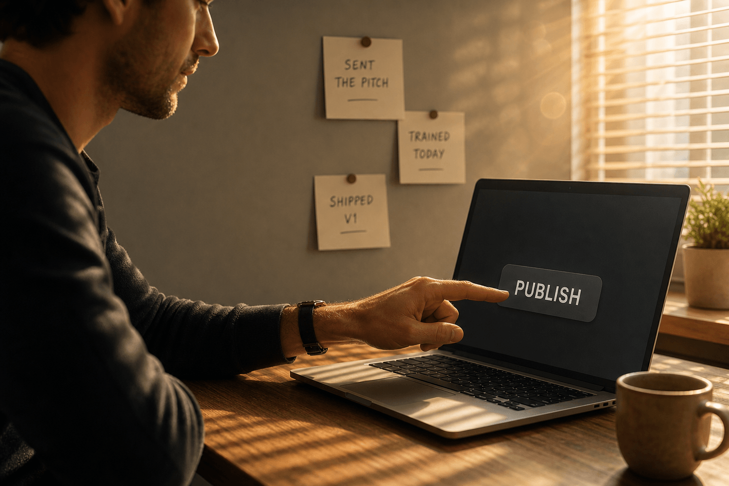 Calm hand about to publish on laptop, symbolizing rebuilding self-trust after learning how to stop comparing yourself to others