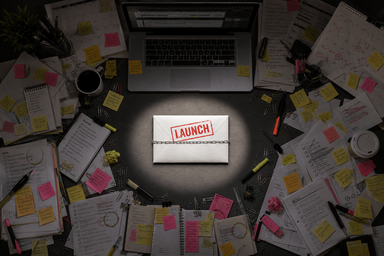 Overloaded desk with to-do lists and an unopened LAUNCH envelope, showing busywork avoidance in business