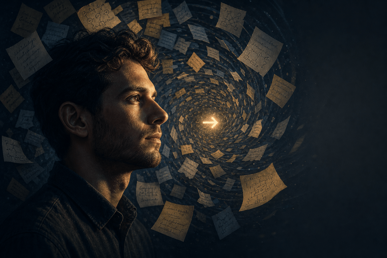 Founder in profile with a vortex of notes behind them, representing overthinking in business decisions