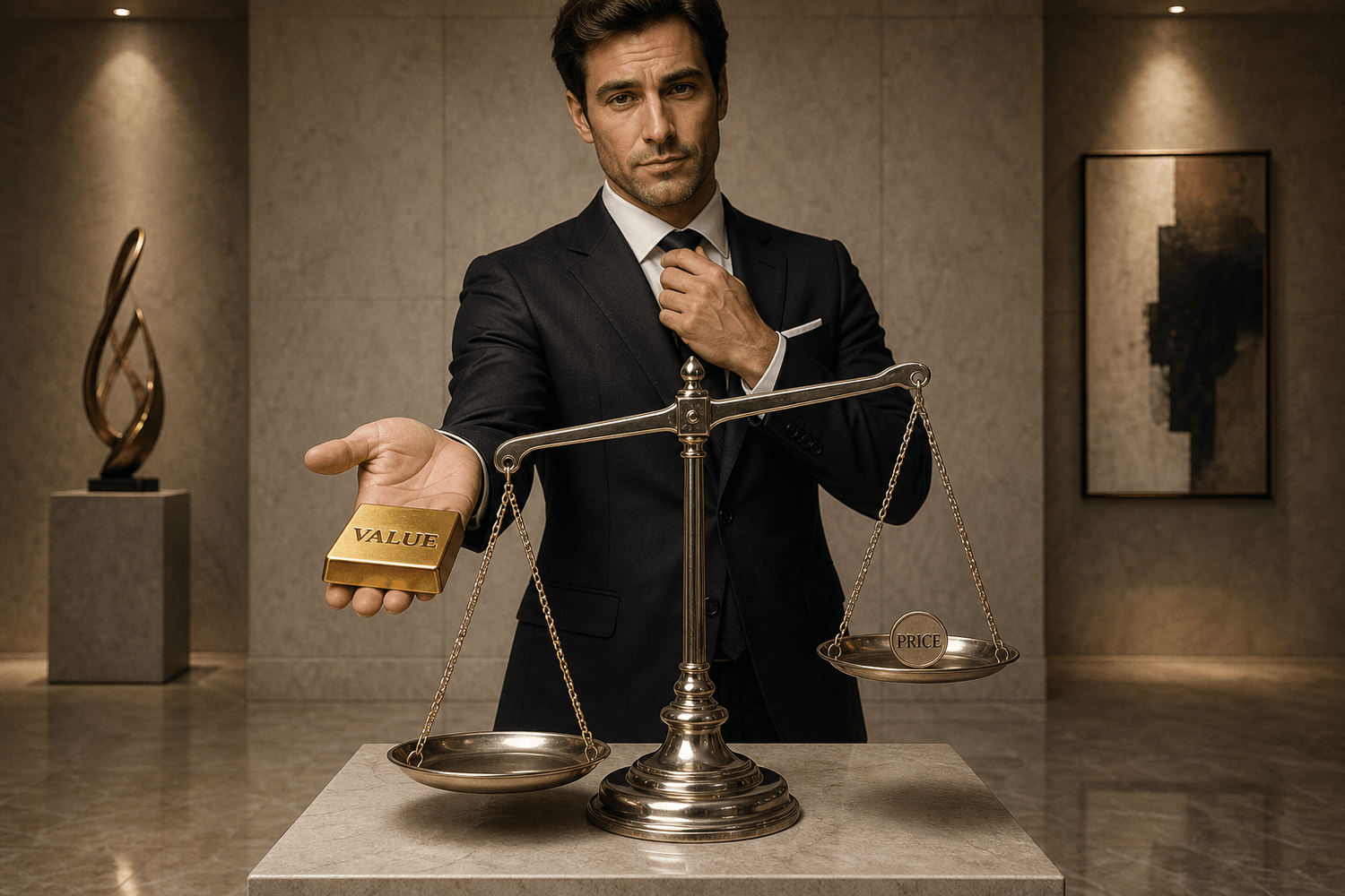 Unbalanced scale with VALUE outweighing PRICE, symbolizing undercharging and self-sabotage in business