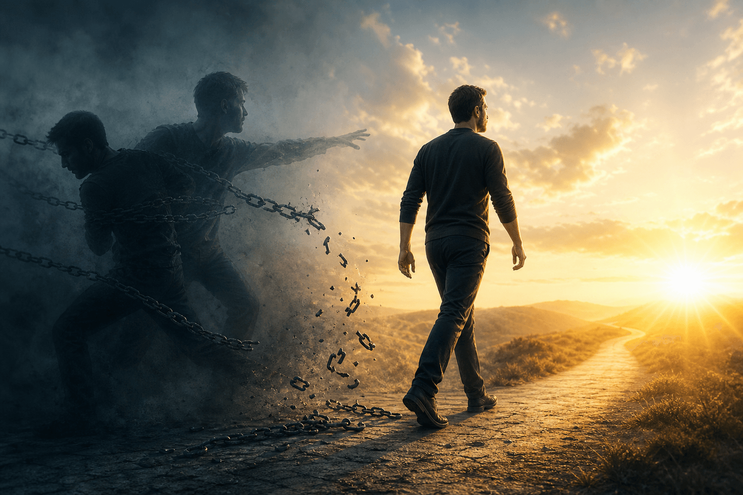 Split image of fragmented vs integrated entrepreneur stepping into daylight, symbolizing breaking entrepreneur self-sabotage