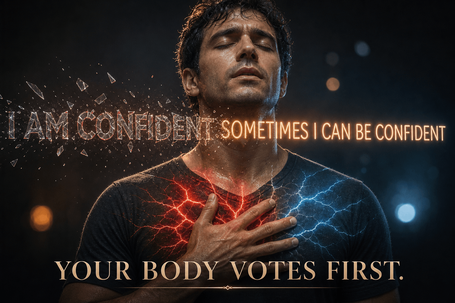 Person holding chest as 'I AM CONFIDENT' shifts to 'Sometimes I can be confident,' showing why affirmations backfire