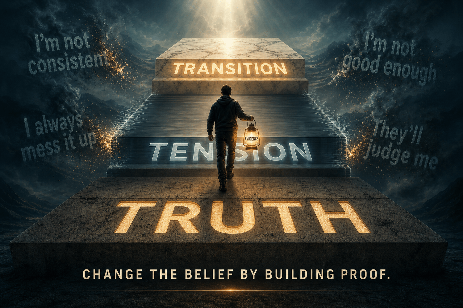 Staircase labeled Truth, Tension, Transition as a figure climbs with an Evidence lantern, symbolizing identity-level change
