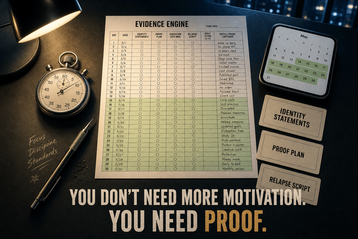 Desk with Evidence Engine tracker and identity cards for changing limiting beliefs using a proof plan