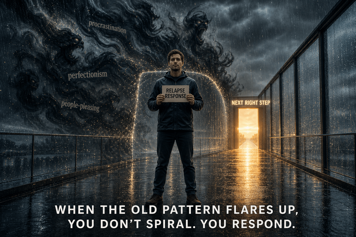 Grounded person facing storm of old patterns behind them, stepping toward light, showing relapse without self-sabotage