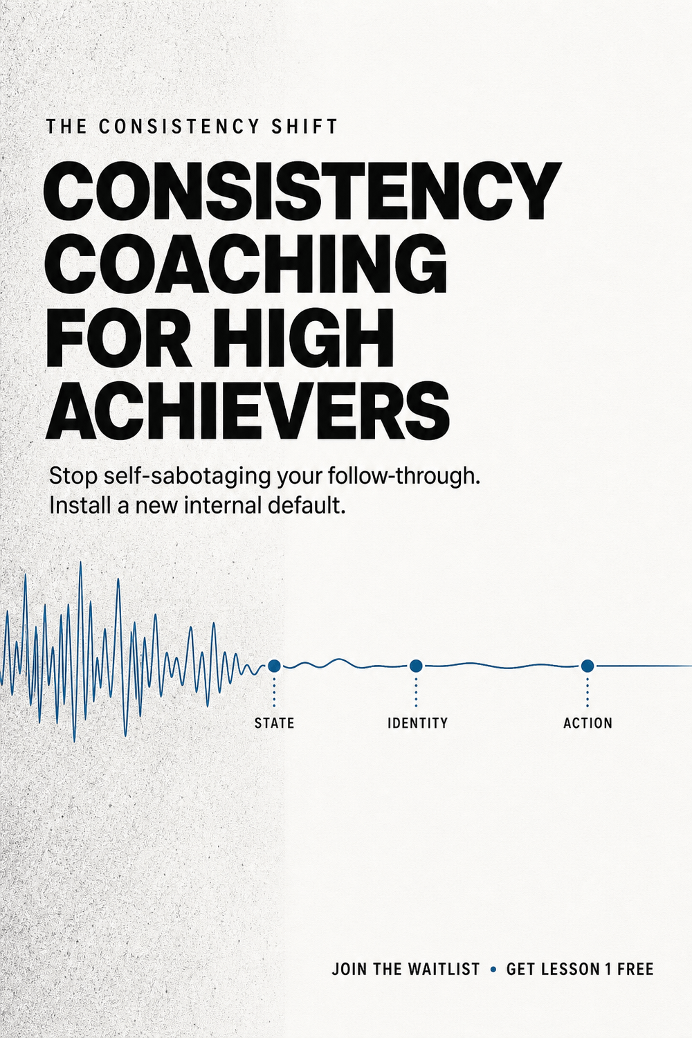 Consistency Shift hero infographic with waveform transitioning from chaos to calm and text “Consistency Coaching for High Achievers” and “Join the Waitlist • Get Lesson 1 Free.”