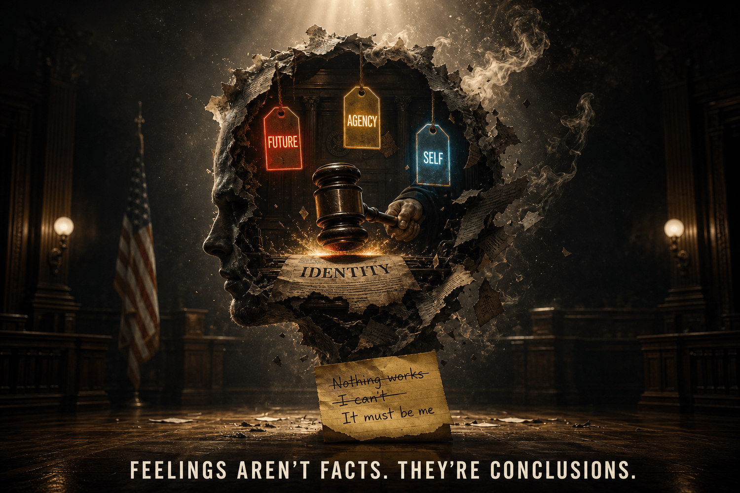 Surreal courtroom inside a head as a gavel hits an identity verdict, showing hopelessness and helplessness turning inward