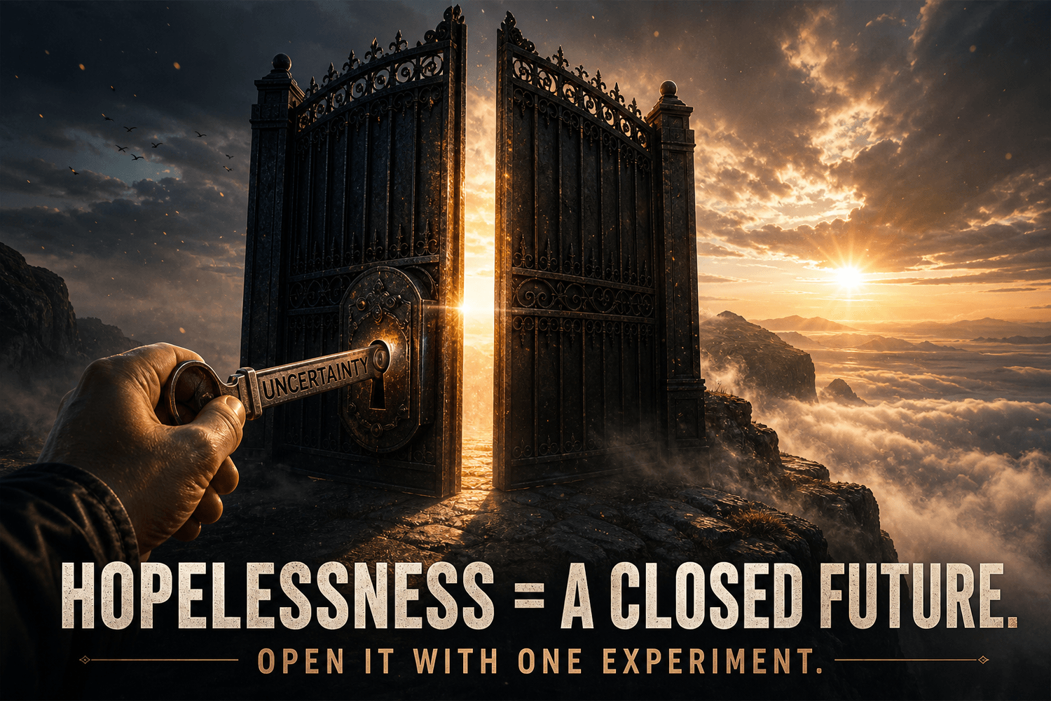Hand unlocking a gate at sunrise, symbolizing reopening the future after hopelessness with one experiment