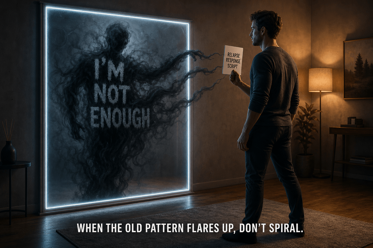 Person faces smoky mirror words 'I’m not enough' while holding a relapse response script, breaking feeling worthless