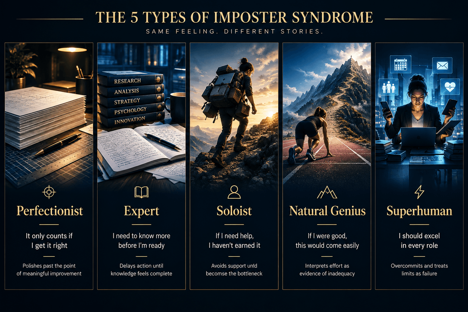 Infographic showing the five types of imposter syndromeāPerfectionist, Expert, Soloist, Natural Genius, and Superhumanāwith their internal competence rules and typical work behaviors.