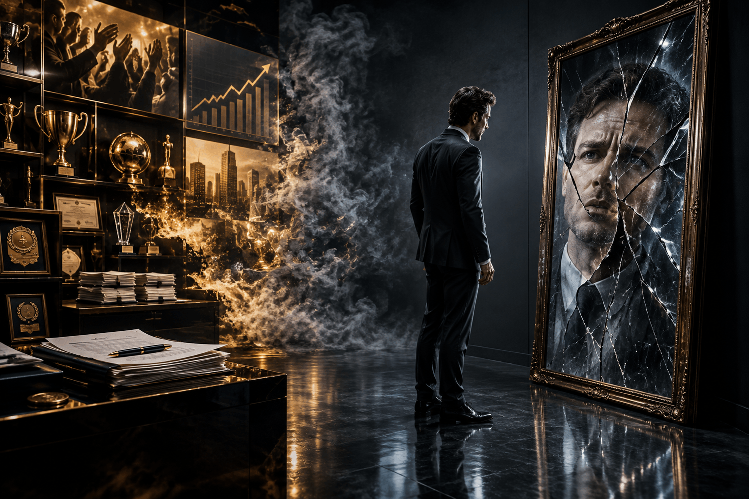 Successful executive in a dark reflective room facing a cracked mirror while awards and business wins fade into smoke behind him, representing the Discounting Loop and inability to internalize success.