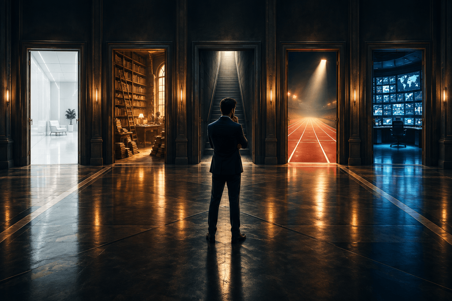 Ambitious professional standing in a cinematic corridor with five symbolic doorways representing the five types of imposter syndrome and different competence rules.