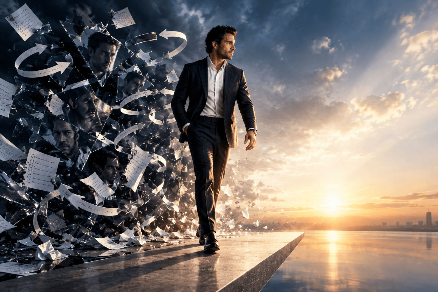 Professional stepping out of swirling to-do lists, looping arrows, and fractured reflections into bright morning light, symbolizing freedom from overthinking and movement toward clarity.