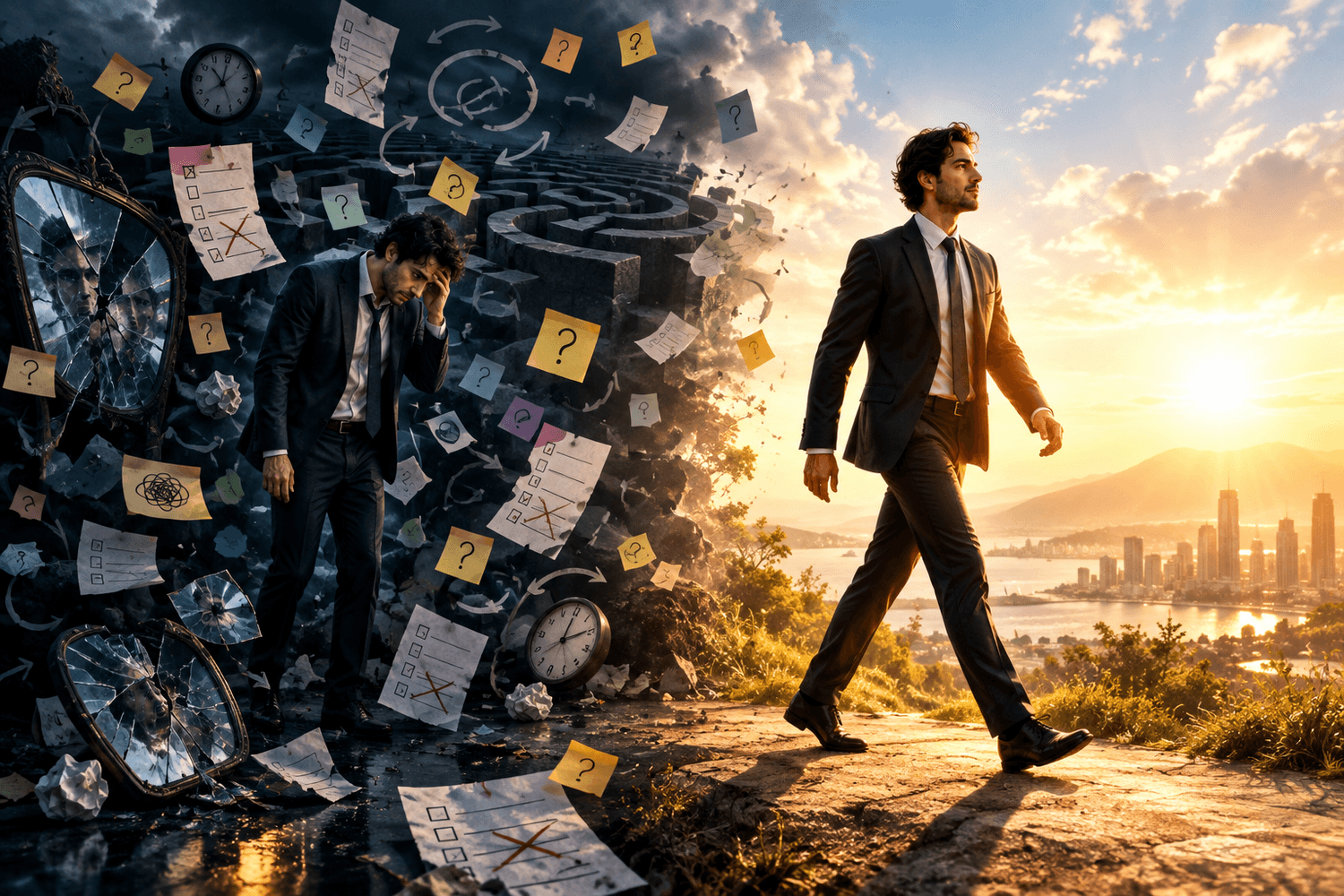 Entrepreneur stepping from chaos and self-doubt into clarity, confidence, and follow-through