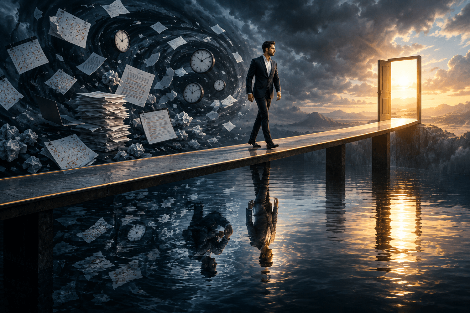 Founder walking across a narrow bridge from inner conflict toward clarity, action, and a new identity