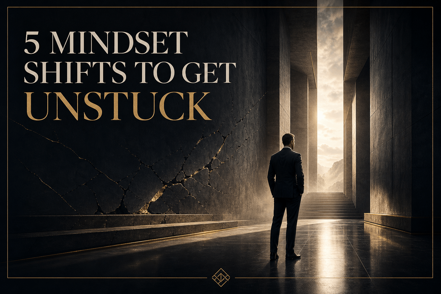 Cinematic luxury cover image for 5 Mindset Shifts to Get Unstuck featuring a man in a dark architectural corridor walking toward light