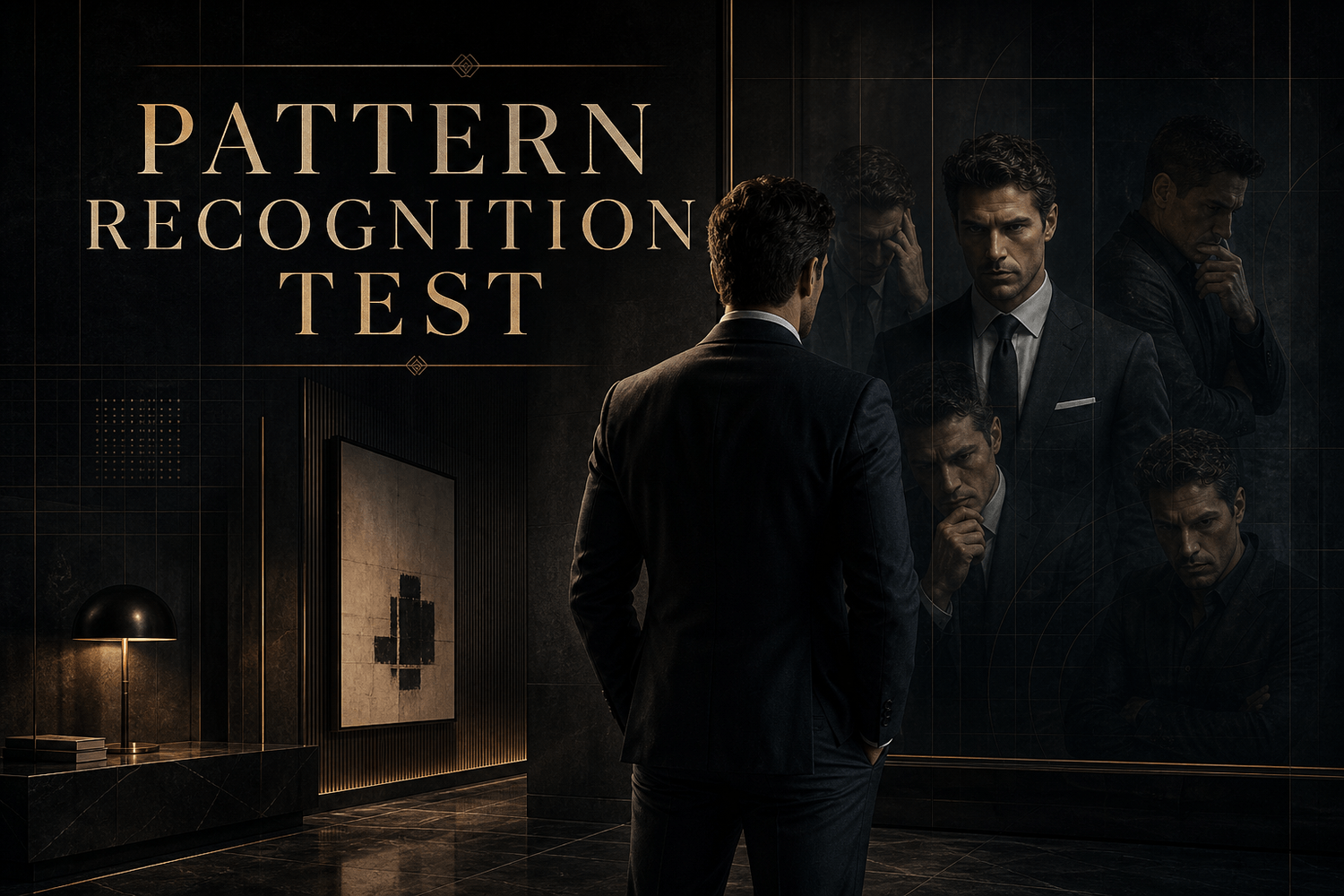 Cinematic luxury cover image for Pattern Recognition Test featuring a man in a suit facing layered reflections in a dark mirrored interior