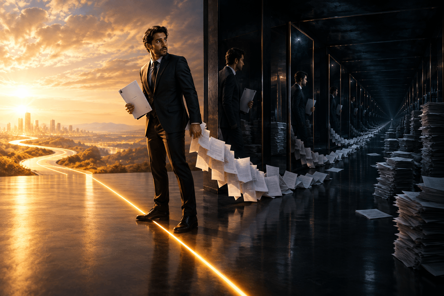 Male professional standing at a glowing line between light and darkness, holding a finished proposal while duplicate pages trail behind him