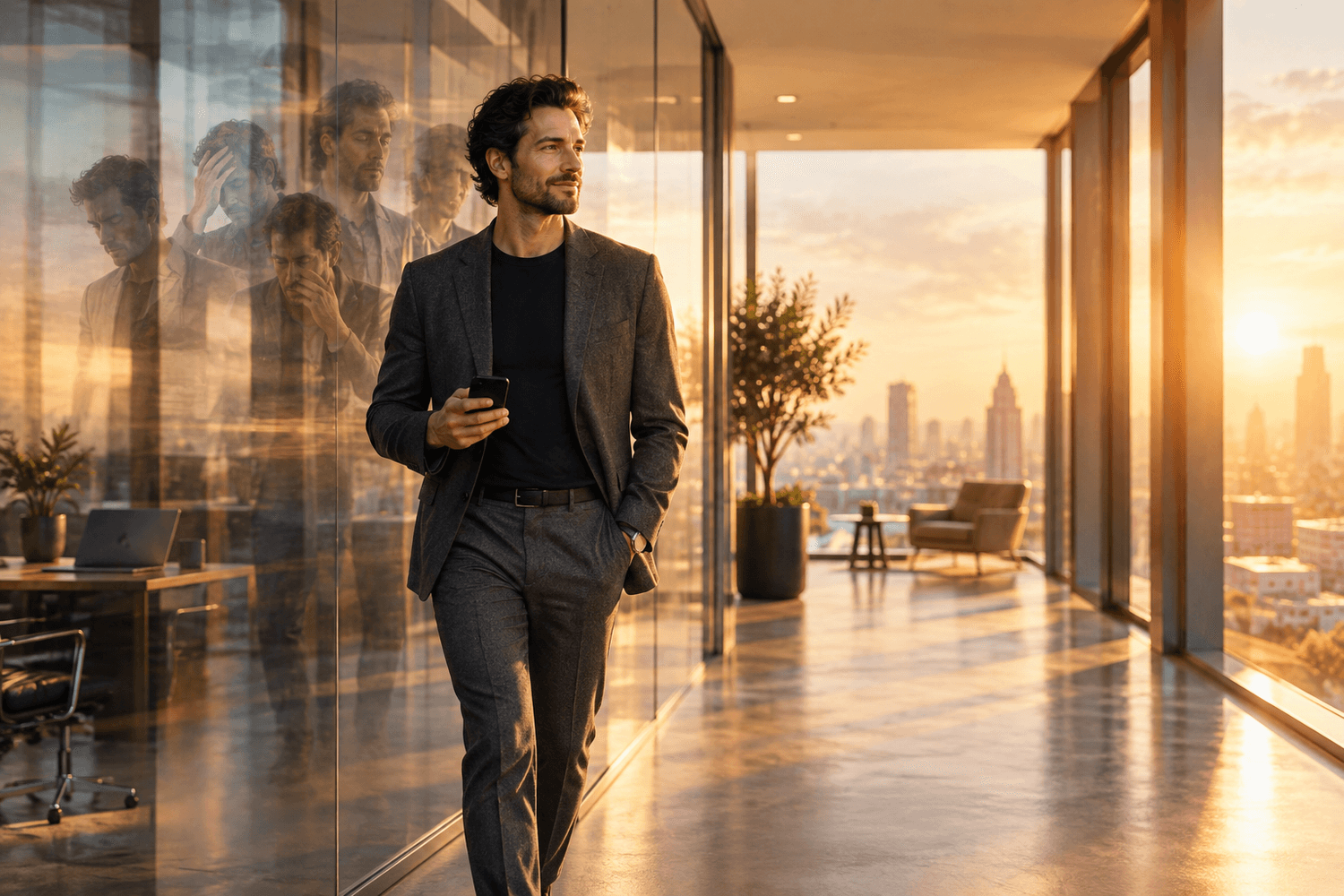 High-performing professional walking forward with calm certainty in a sunlit corridor as fragmented reflections behind him dissolve
