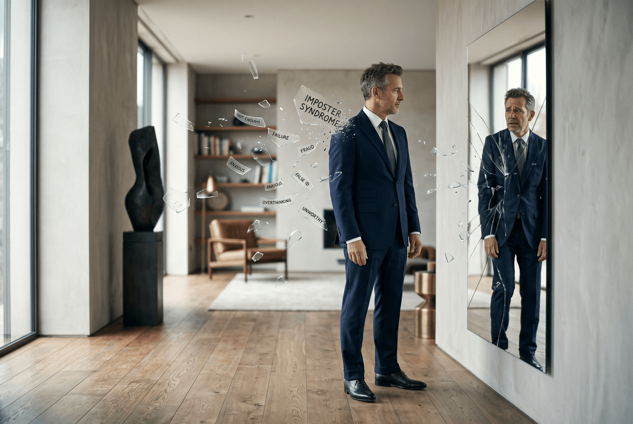 Man facing warped mirror reflection that exaggerates flaws, representing low self-image and comparison