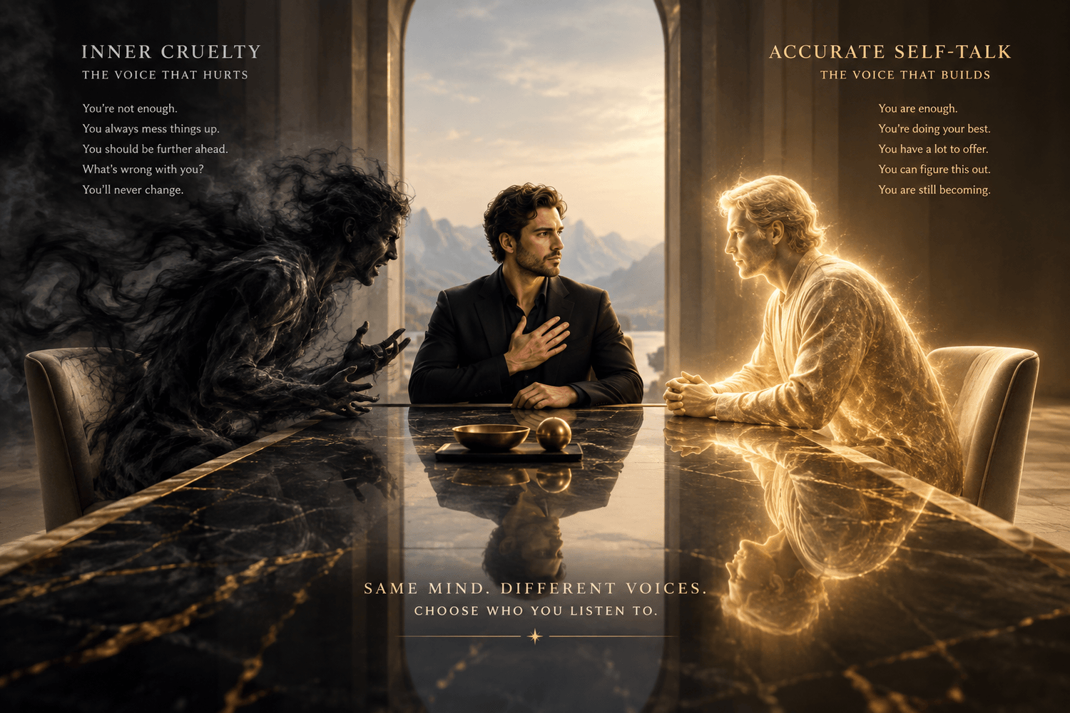 Person choosing calm inner voice over harsh critic, symbolizing accurate self-talk and self-image