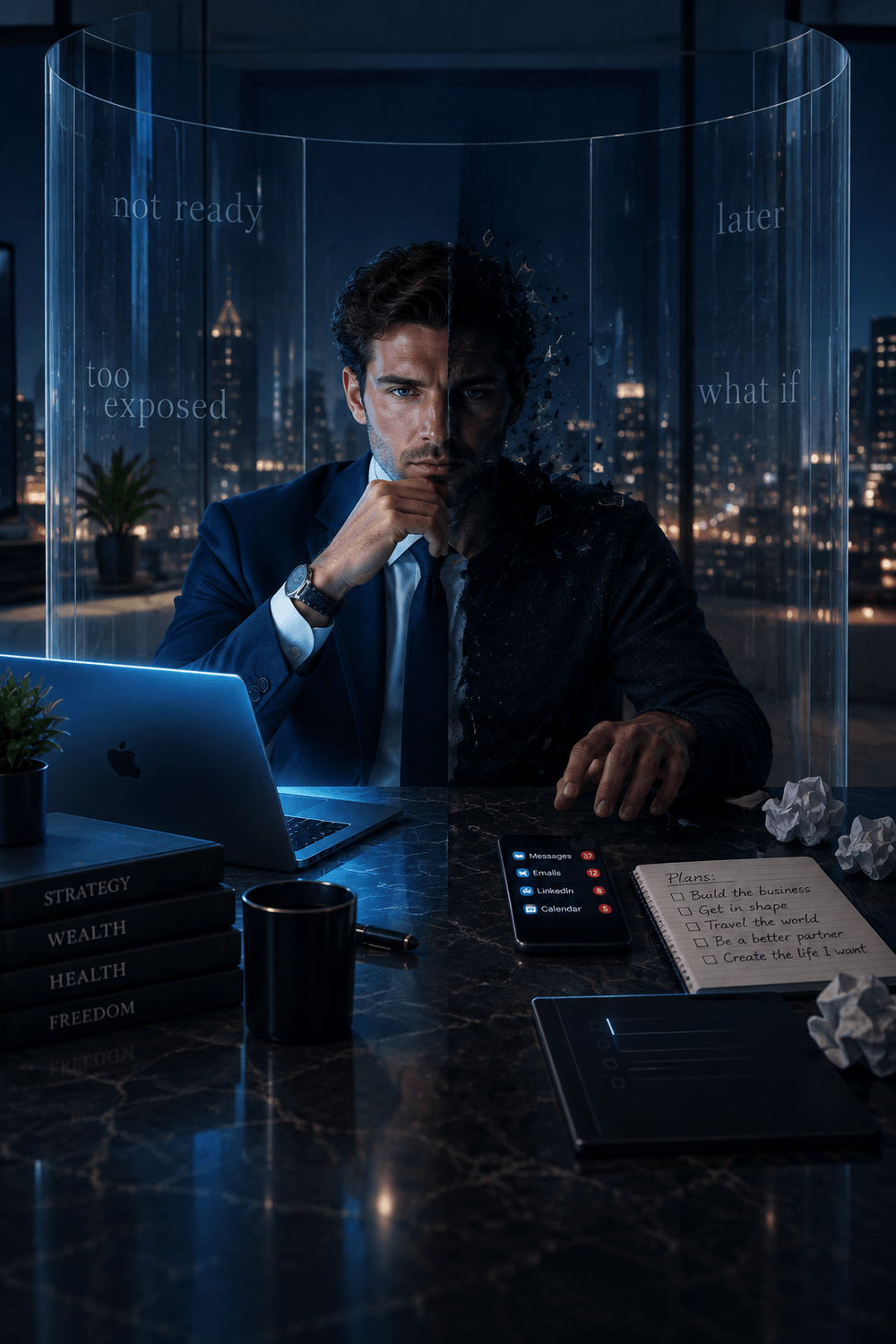 Man at desk split between success and shadow, showing unconscious self-sabotage at night