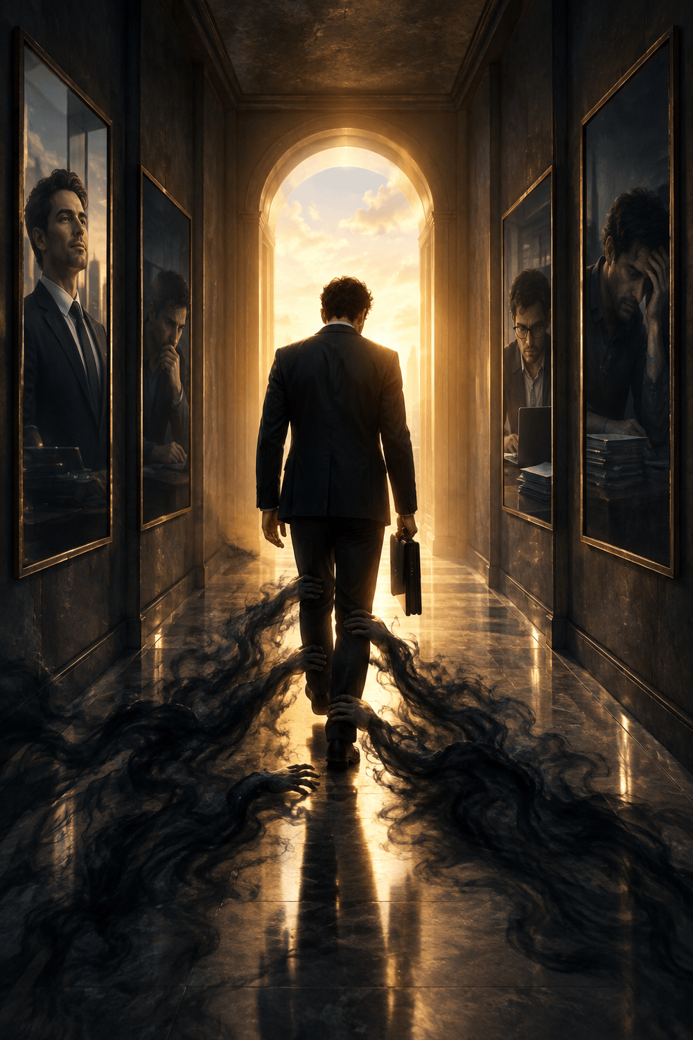 Man walking toward light as shadow hands hold him back, symbolizing self-sabotage patterns